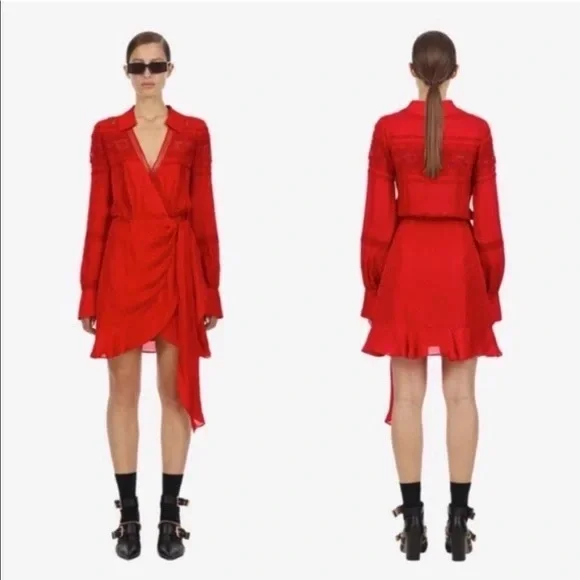 SELF-PORTRAIT Trimmed Wrap Red Dress - Picture 6 of 16